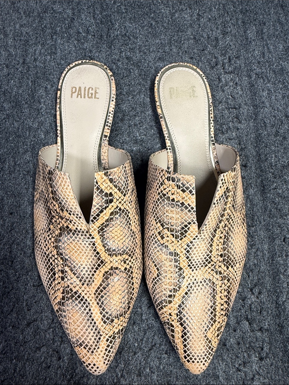 PAIGE Alia Beige Snake-Print Pointed Mules - Picture 3 of 7
